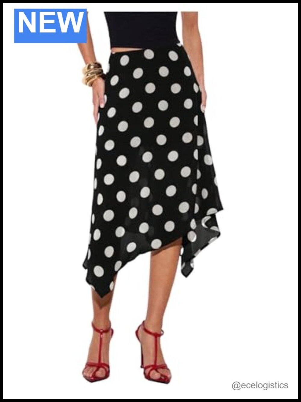 Women's Chiffon Midi Skirt Polka Dot Flowy Asymmetrical High Waist
